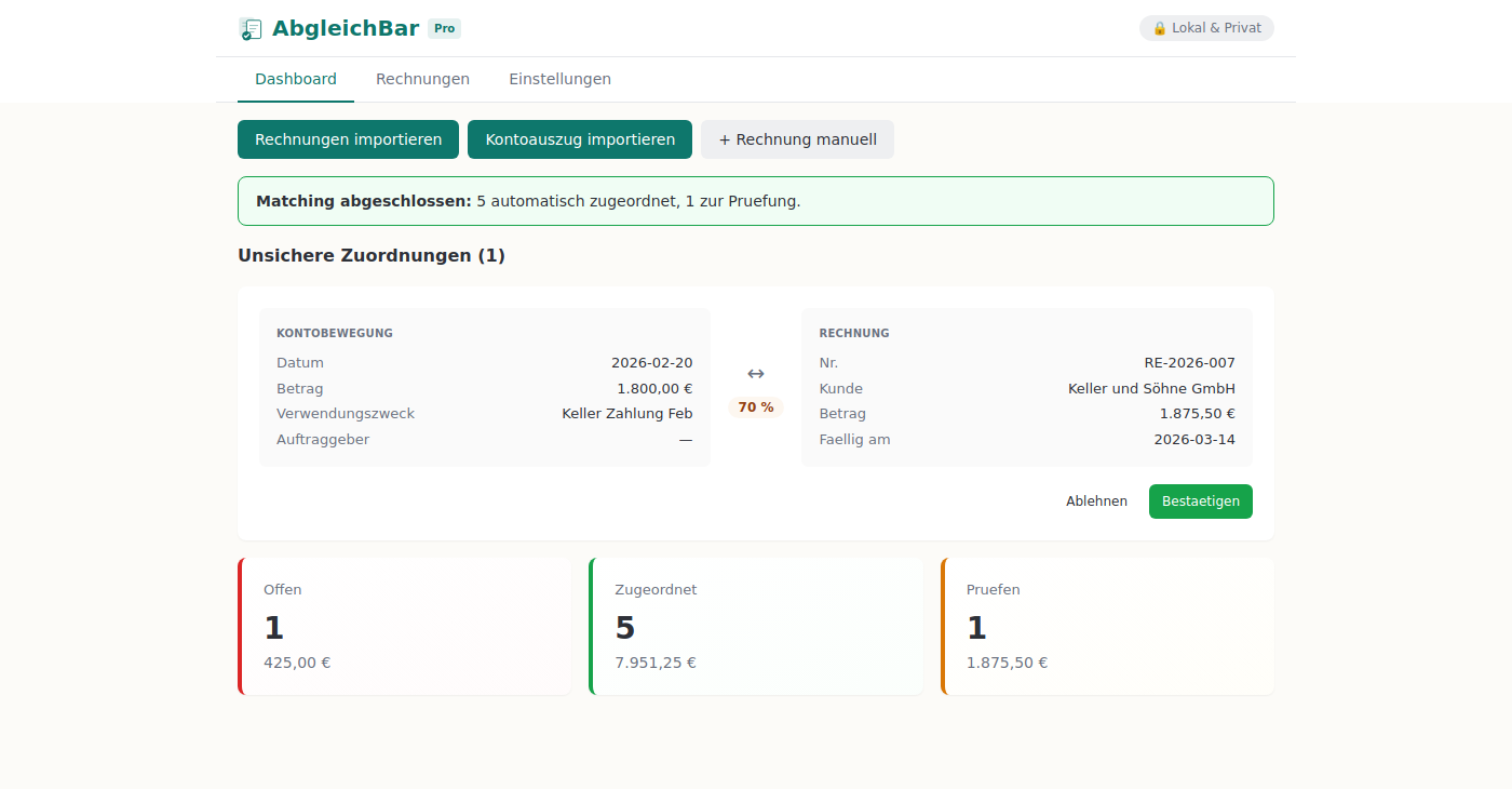 AbgleichBar Dashboard — Matching-Ergebnis: Offene Posten und zugeordnete Zahlungen